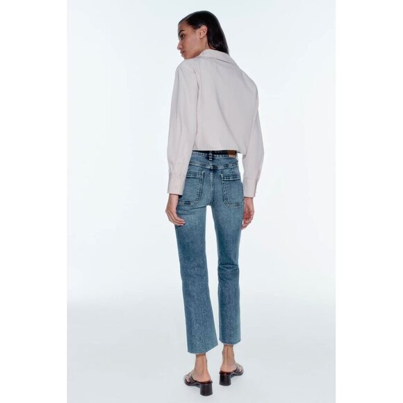NWT Zara medium blue wash high rise flare leg ankle stretch denim jeans, 12 - Picture 6 of 14